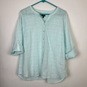 Talbots roll-up sleeve button down cotton shirt aqua & white XLp